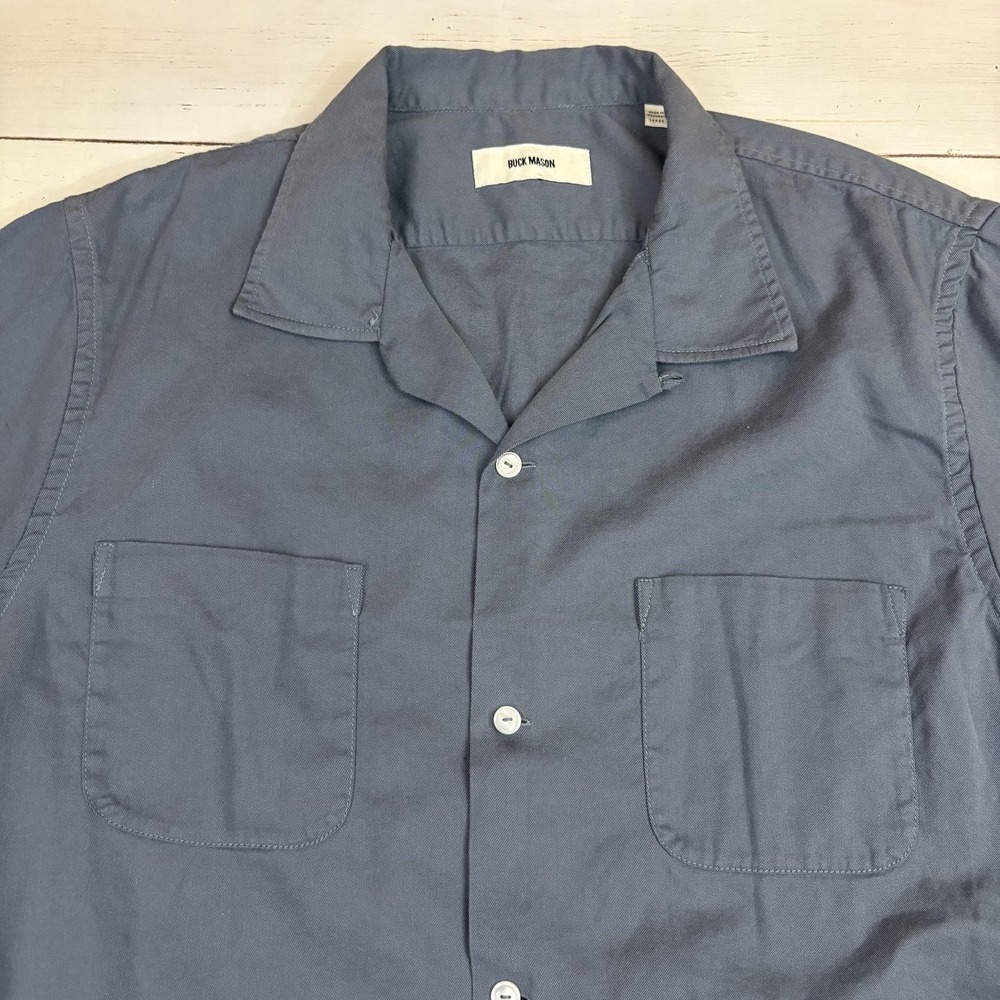 Buck Mason Shirt Mens L Gray Twill Short Sleeve Camp Button-Up Pockets Casual